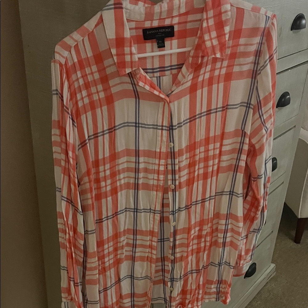 Banana Republic Coral and White Plaid Shirt